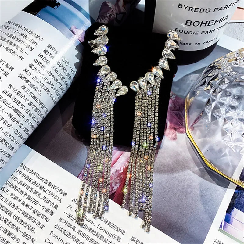 Rhinestone Water Drop Tassel Earrings