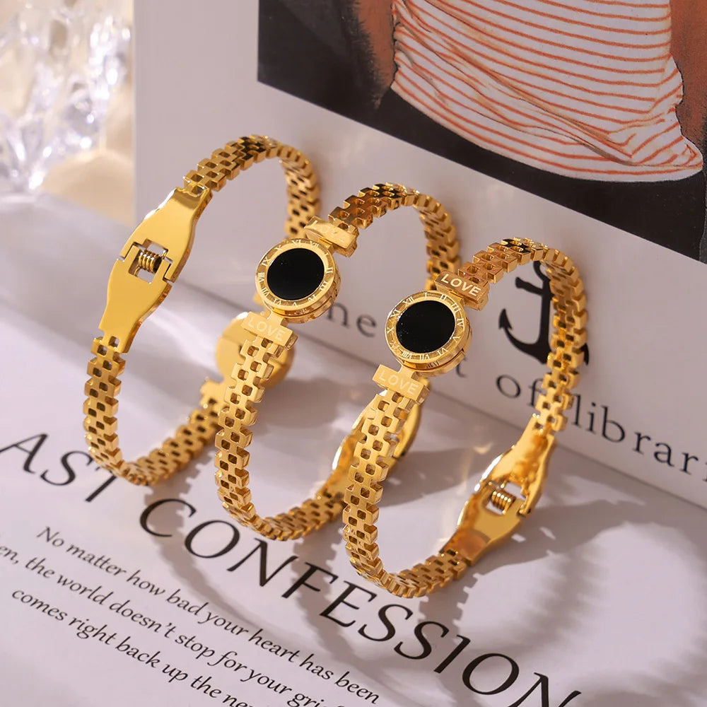 Stainless Steel Roman Numeral Bangle Bracelet