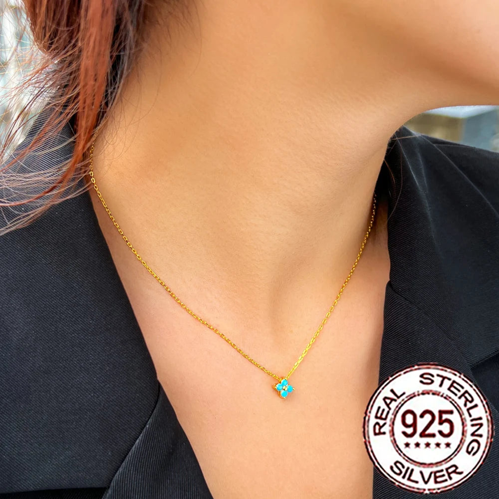 925 Sterling Silver Four Leaf Flower Necklace - Blue Turquoise Accent