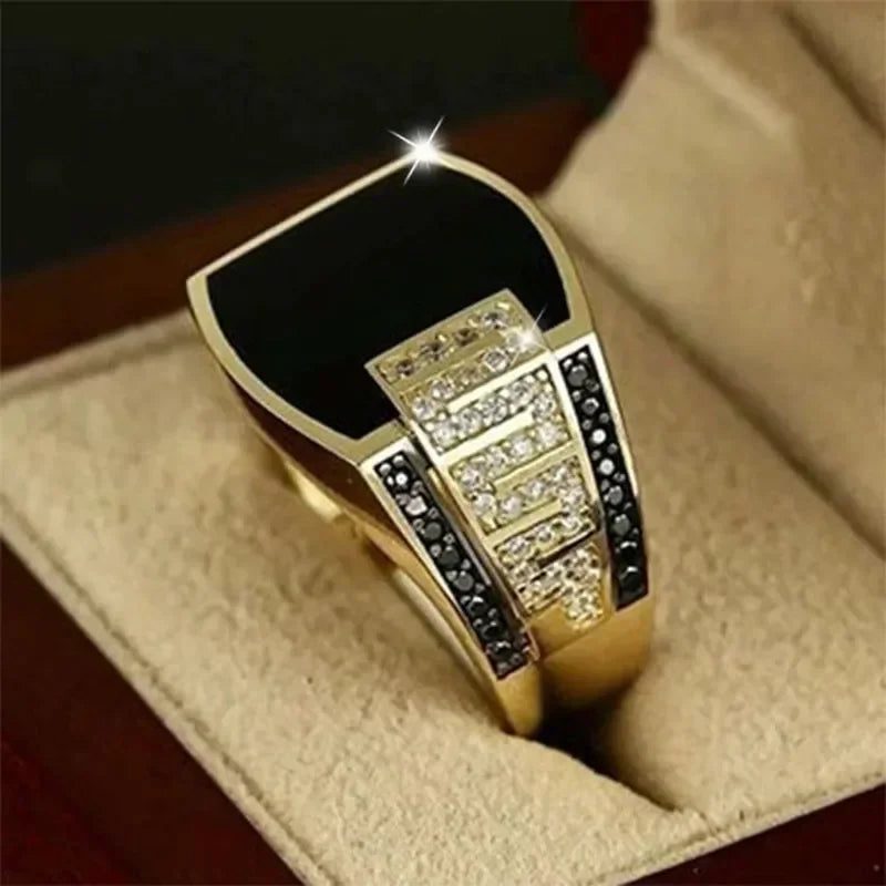 Gold Tone Black Stone Zircon Ring for Men