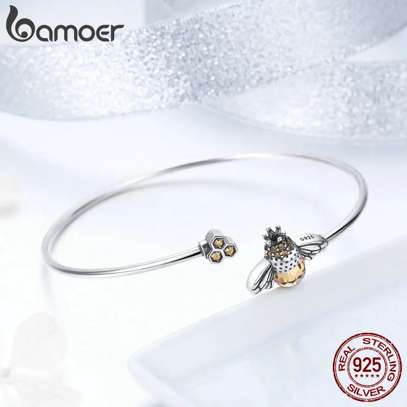 925 Sterling Silver Crystal Bee Cuff Bracelet