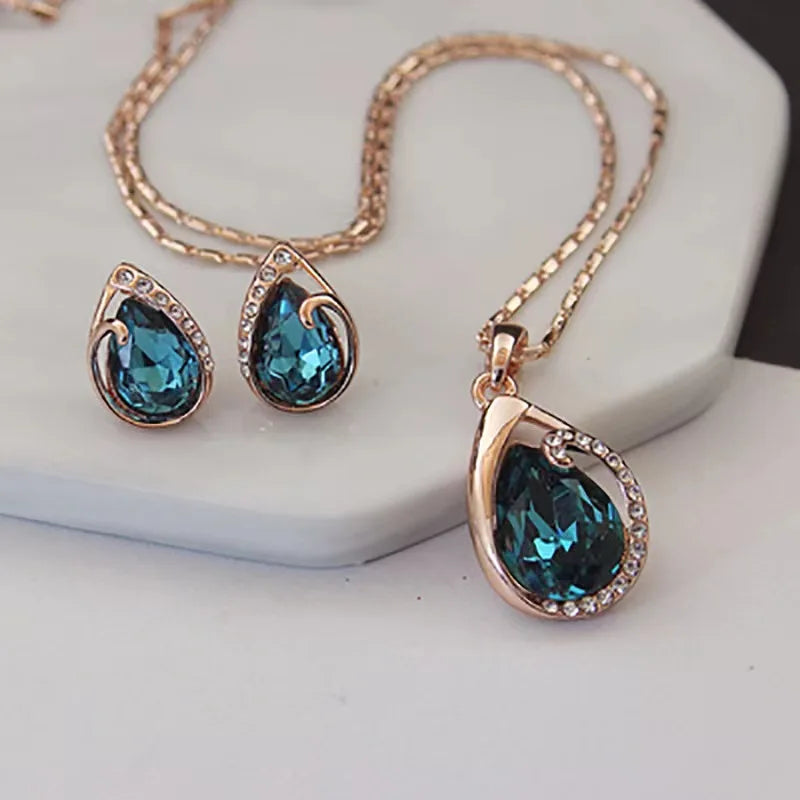 Blue Green Water Drop Jewelry Set - Geometric Necklace & Earrings