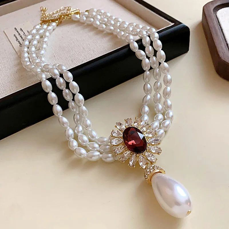 French Style Pearl Necklace & Earrings Set - Rhinestone Flower Design