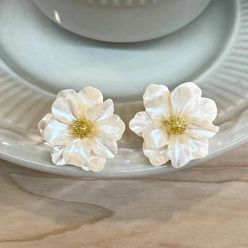 White Camellia Flower Stud Earrings