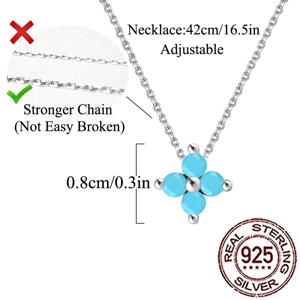 925 Sterling Silver Four Leaf Flower Necklace - Blue Turquoise Accent