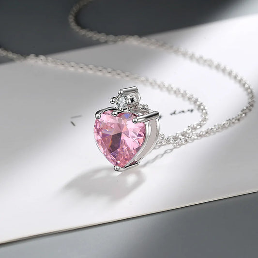925 Sterling Silver Pink Heart Necklace - Luxury Zircon Pendant