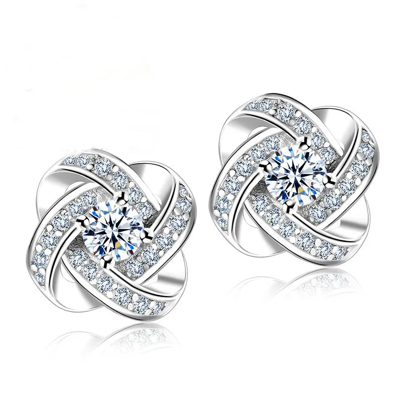 925 Sterling Silver Crystal Knot Flower Stud Earrings