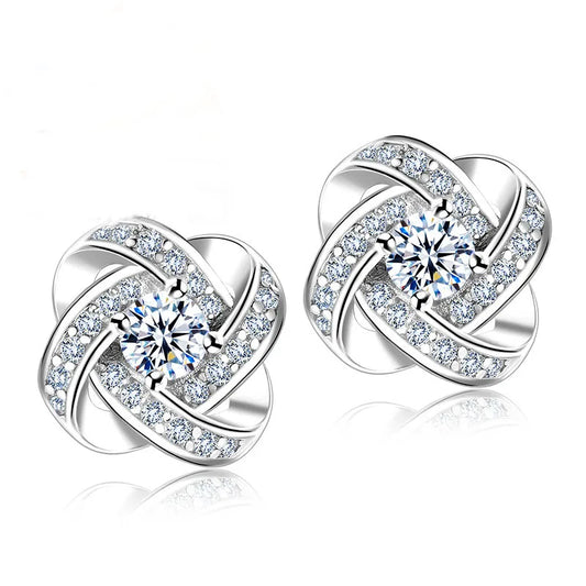 925 Sterling Silver Crystal Knot Flower Stud Earrings