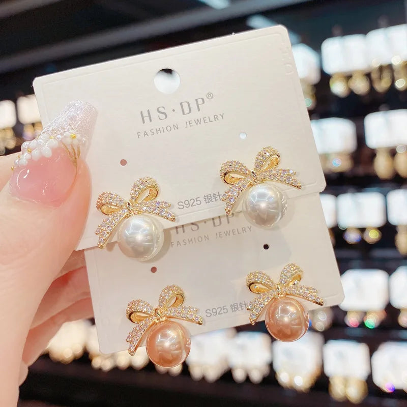 Rhinestone Bow Pearl Stud Earrings