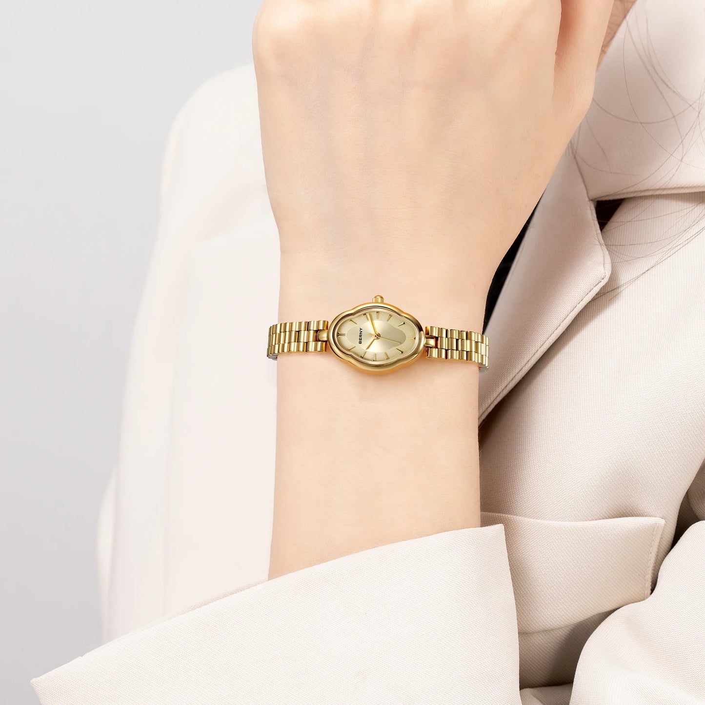 BERNY Gold Quartz Watch & Bracelet Set - Minimalist Ladies Wristwatch