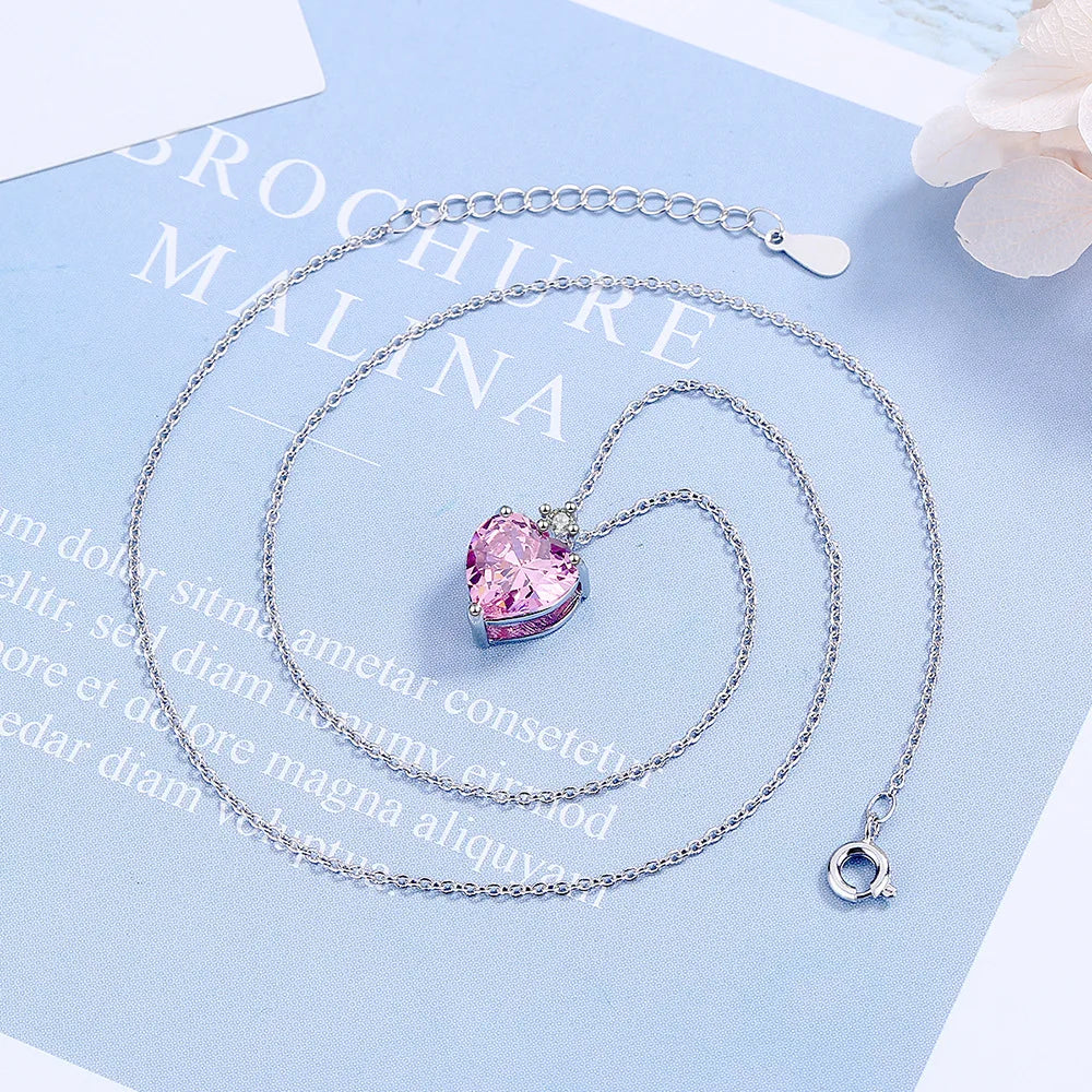 925 Sterling Silver Pink Heart Necklace - Luxury Zircon Pendant