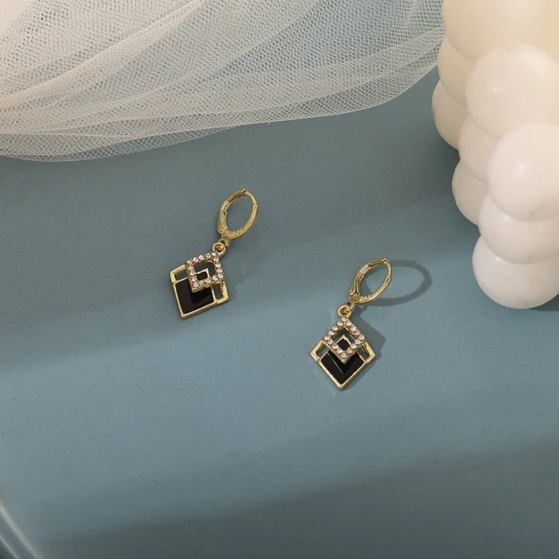 Gold Tone Black Rhombus Rhinestone Drop Earrings