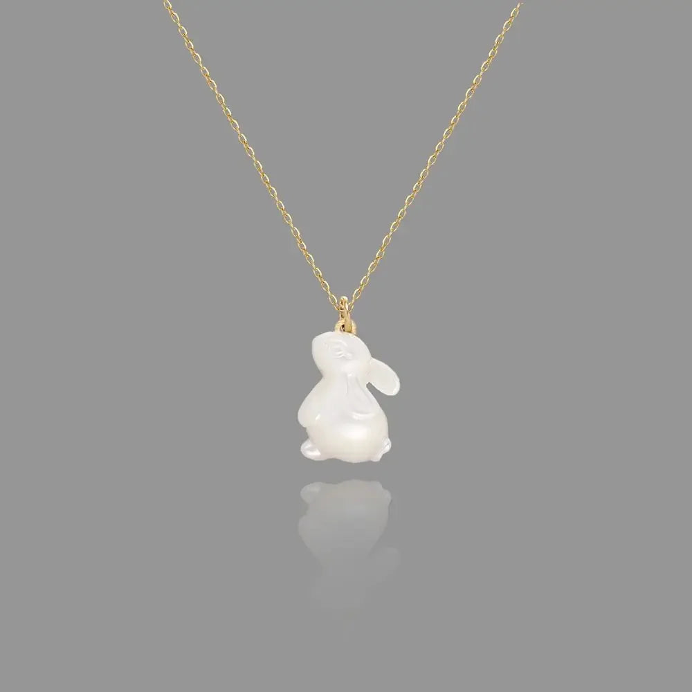 18K Gold Plated Jade Rabbit Moon Pendant Necklace - White Shell Accent