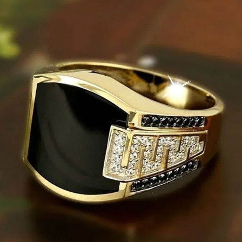 Gold Tone Black Stone Zircon Ring for Men