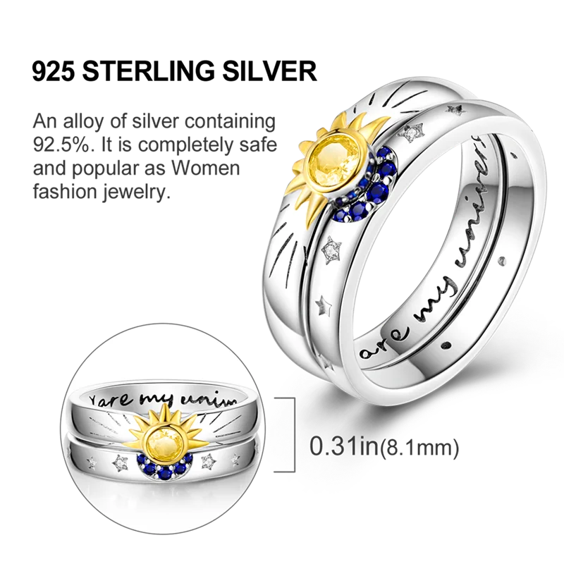 Blue Zircon Star & Moon Ring - 925 Sterling Silver Design
