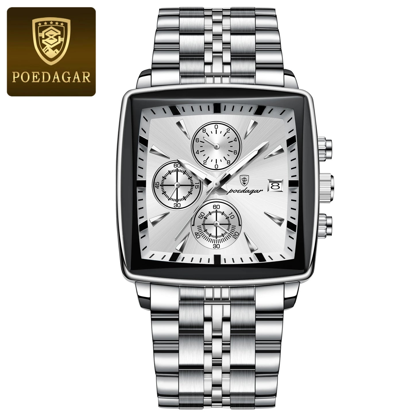 POEDAGAR Square Chronograph Men's Watch - Luminous Waterproof Quartz