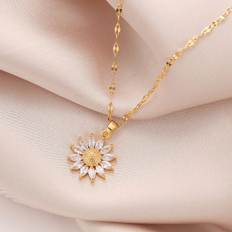 Gold Tone Floral Zirconia Pendant Necklace - Titanium Steel Chain