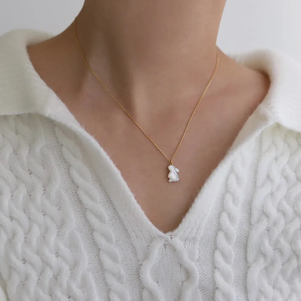18K Gold Plated Jade Rabbit Moon Pendant Necklace - White Shell Accent