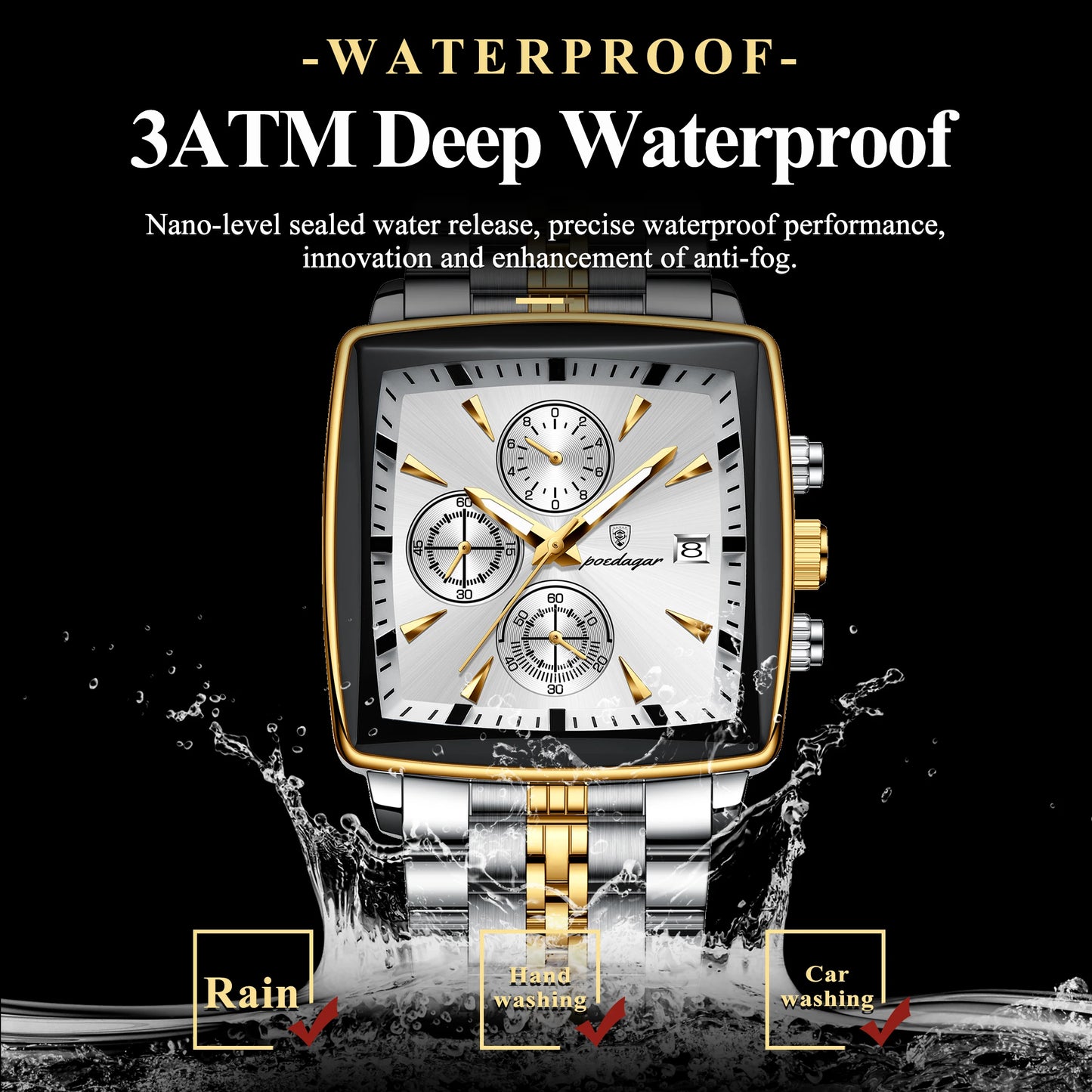 POEDAGAR Square Chronograph Men's Watch - Luminous Waterproof Quartz