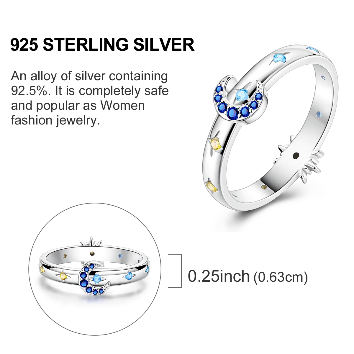 Blue Zircon Star & Moon Ring - 925 Sterling Silver Design