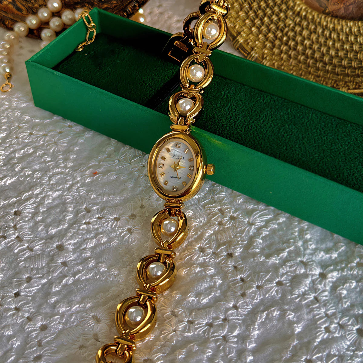 Oval Mother-of-Pearl Women's Watch - Pearl & Rhinestone Accents