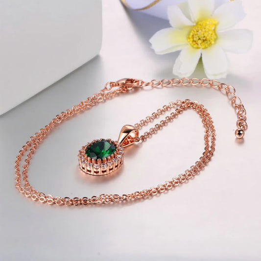 Rose Gold Green Crystal Pendant Necklace - Elegant Occasion Jewelry
