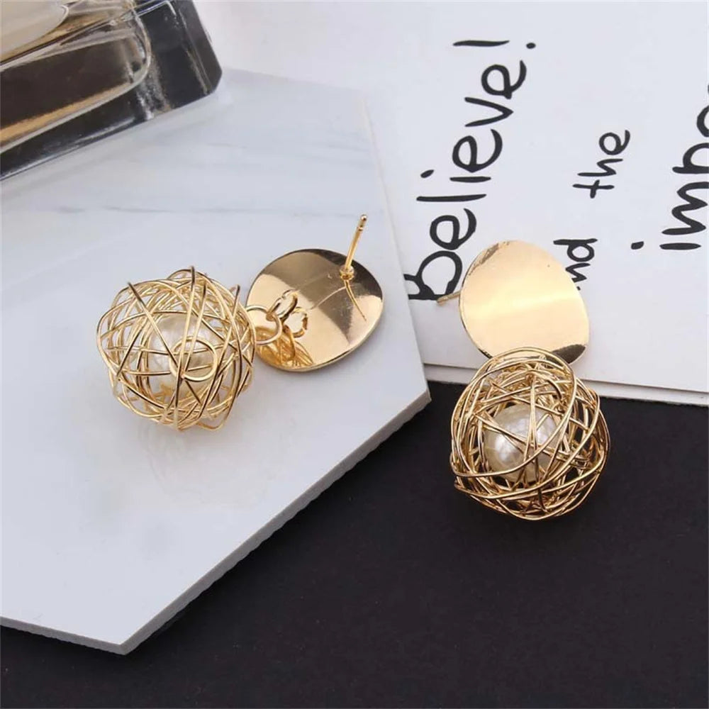 Gold Tone Geometric Ball Drop Earrings