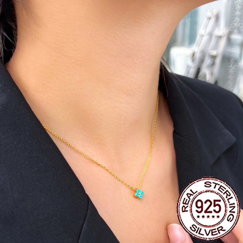 925 Sterling Silver Four Leaf Flower Necklace - Blue Turquoise Accent
