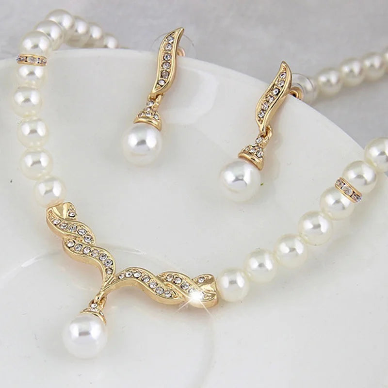 Bridal Pearl Necklace & Earrings Set - Gold Tone Wedding Jewelry