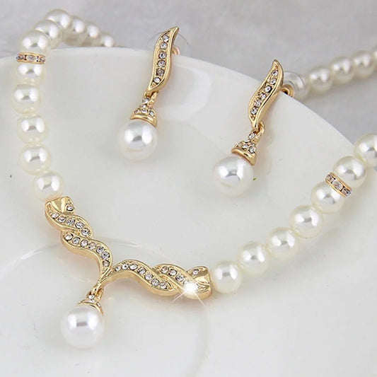Bridal Pearl Necklace & Earrings Set - Gold Tone Wedding Jewelry