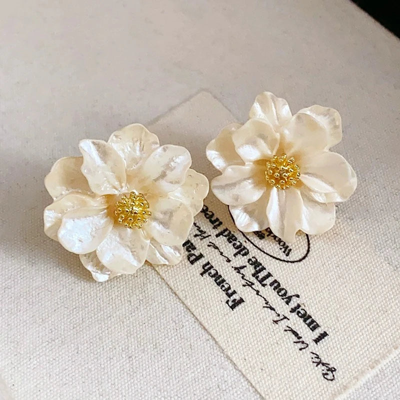 White Camellia Flower Stud Earrings