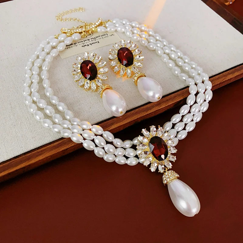 French Style Pearl Necklace & Earrings Set - Rhinestone Flower Design