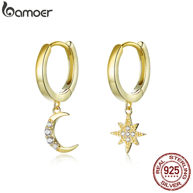 925 Sterling Silver Star Moon and Star Drop Earrings