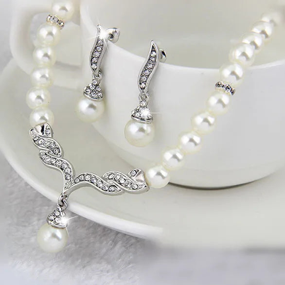 Bridal Pearl Necklace & Earrings Set - Gold Tone Wedding Jewelry