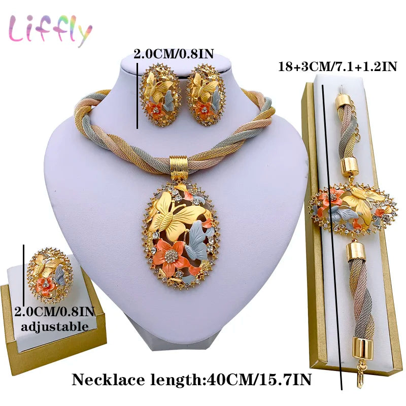 Dubai Gold Floral Jewelry Set - Necklace, Earrings, Bracelet & Ring