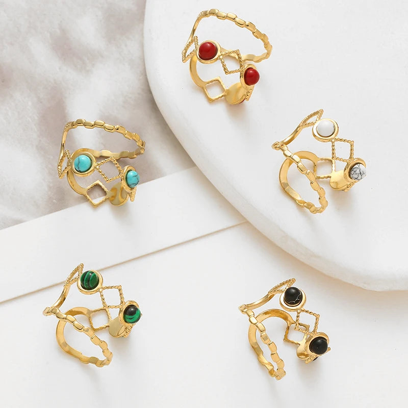 Stainless Steel Natural Stone Open Ring