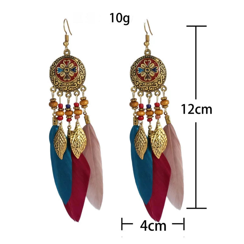 Vintage Boho Leaf Feather Tassel Earrings
