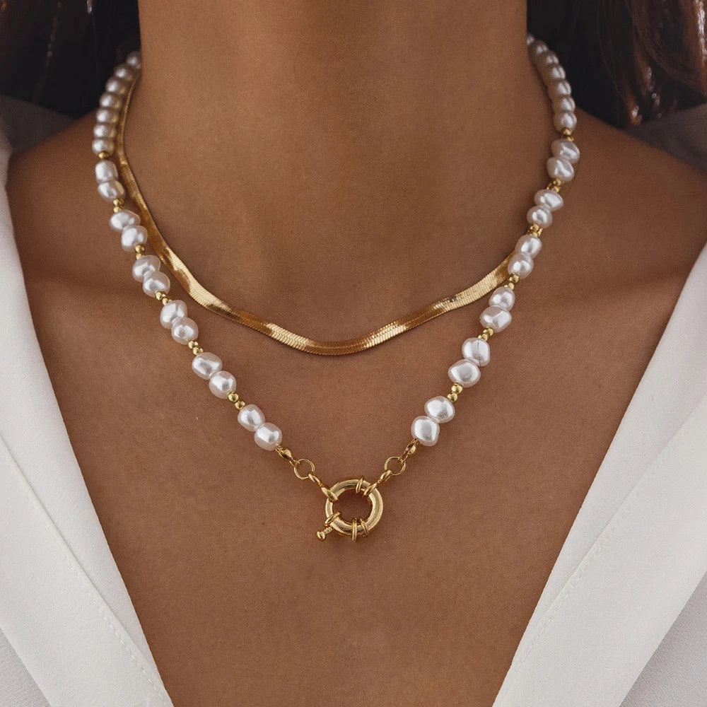 Irregular Pearl Heart Layered Necklace - Elegant Vacation Choker
