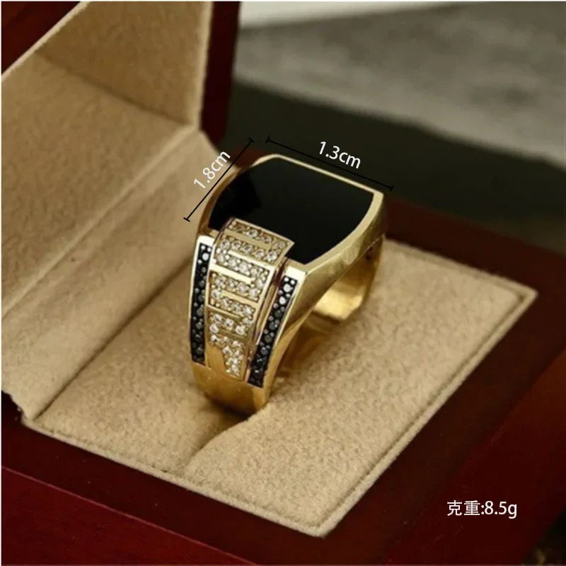 Gold Tone Black Stone Zircon Ring for Men