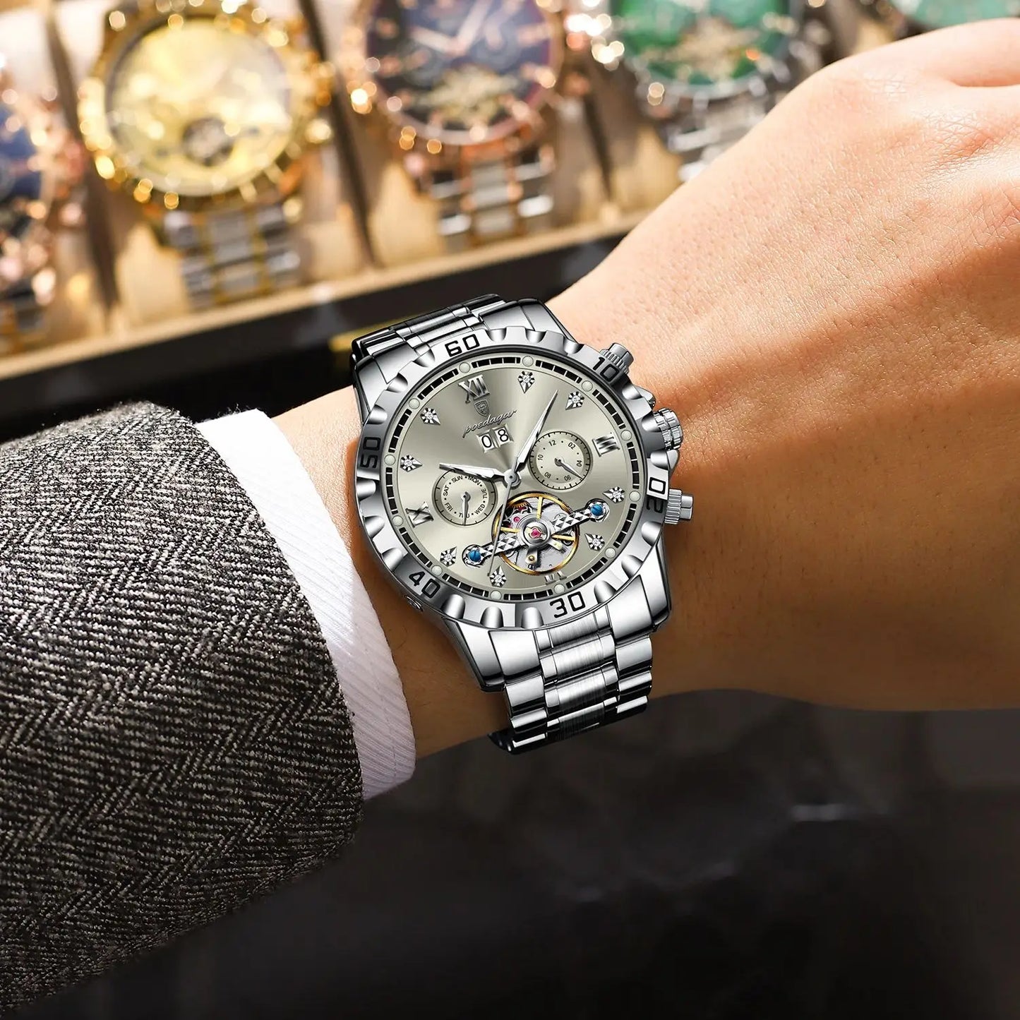 POEDAGAR Automatic Hollow Dial Men's Watch - Date Week Mechanical