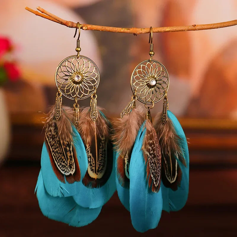 Vintage Boho Leaf Feather Tassel Earrings
