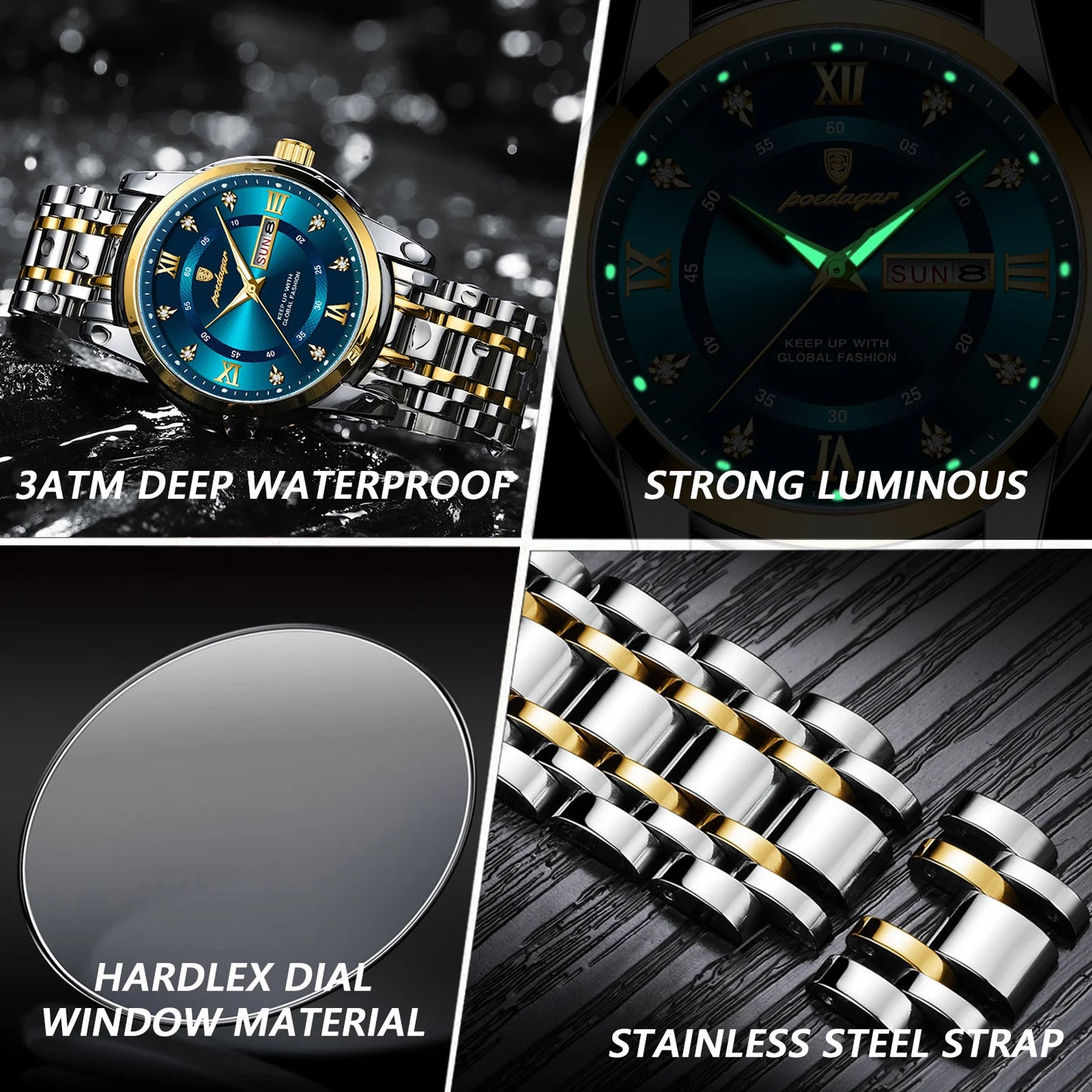 POEDAGAR Luminous Quartz Men's Watch - Date Week Stainless Steel