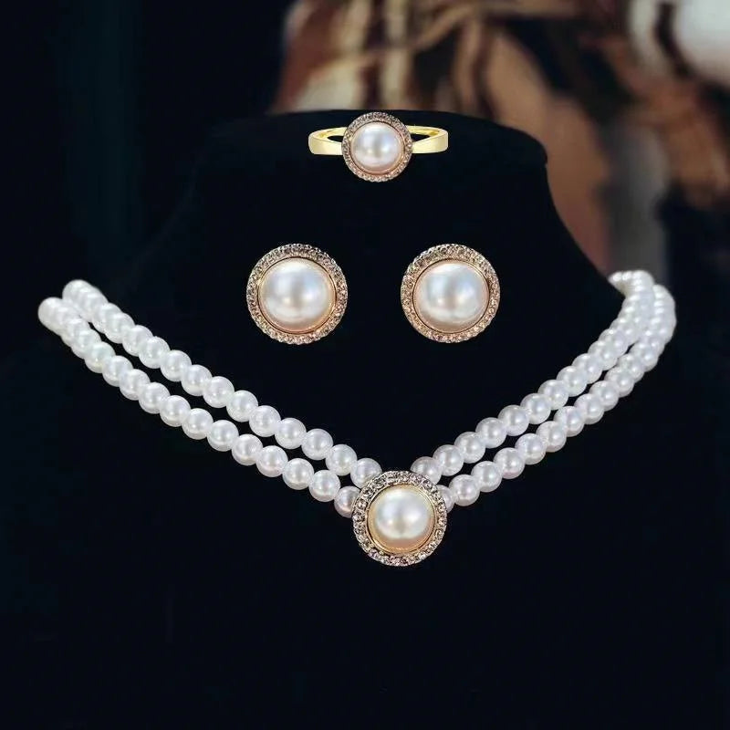 Elegant Pearl Necklace, Earrings & Ring Set - Bridal Crystal Jewelry