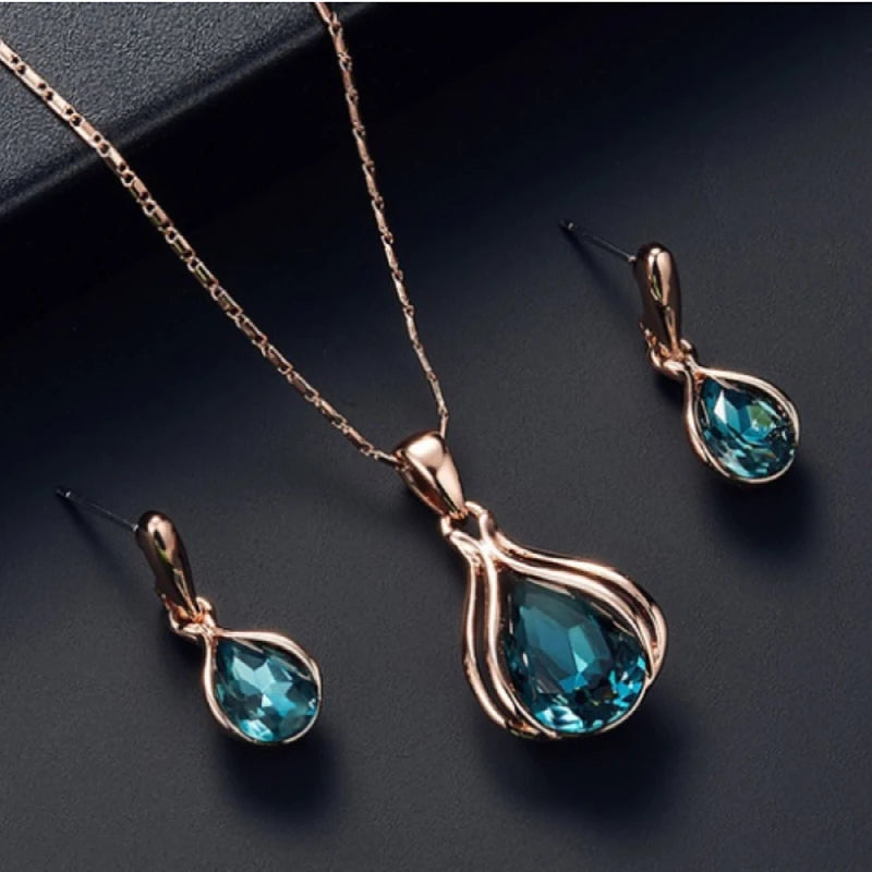 Blue Green Water Drop Jewelry Set - Geometric Necklace & Earrings