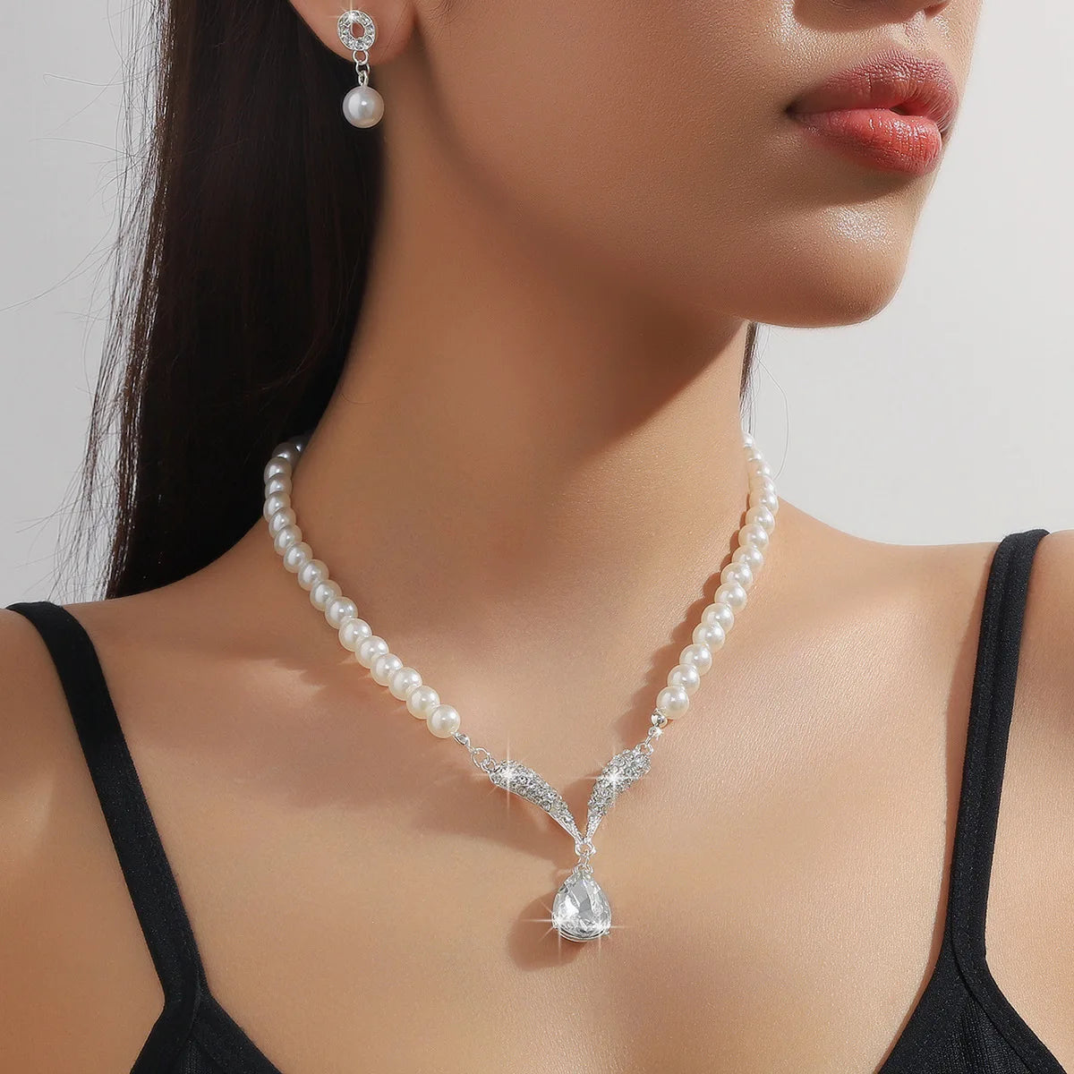 TREAZY Pearl Drop Bridal Jewelry Set - Rhinestone Necklace & Earrings