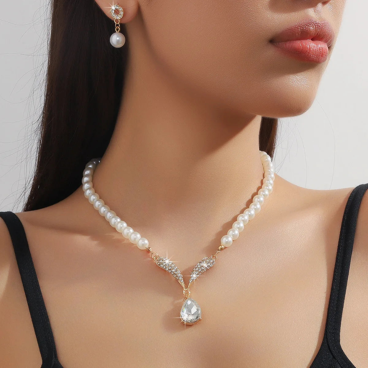 TREAZY Pearl Drop Bridal Jewelry Set - Rhinestone Necklace & Earrings