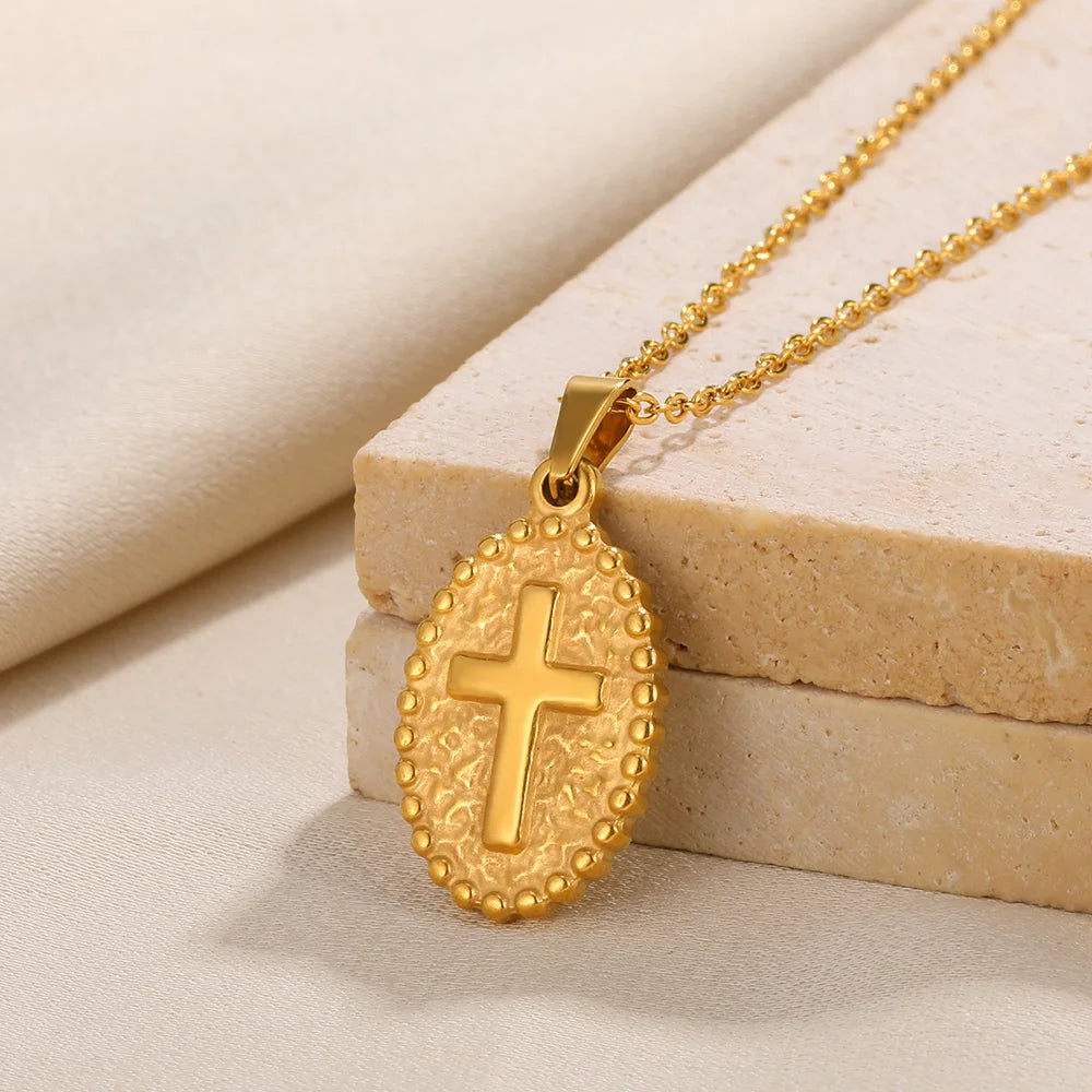 Vintage Jesus Cross Coin Necklace - Stainless Steel Prayer Pendant