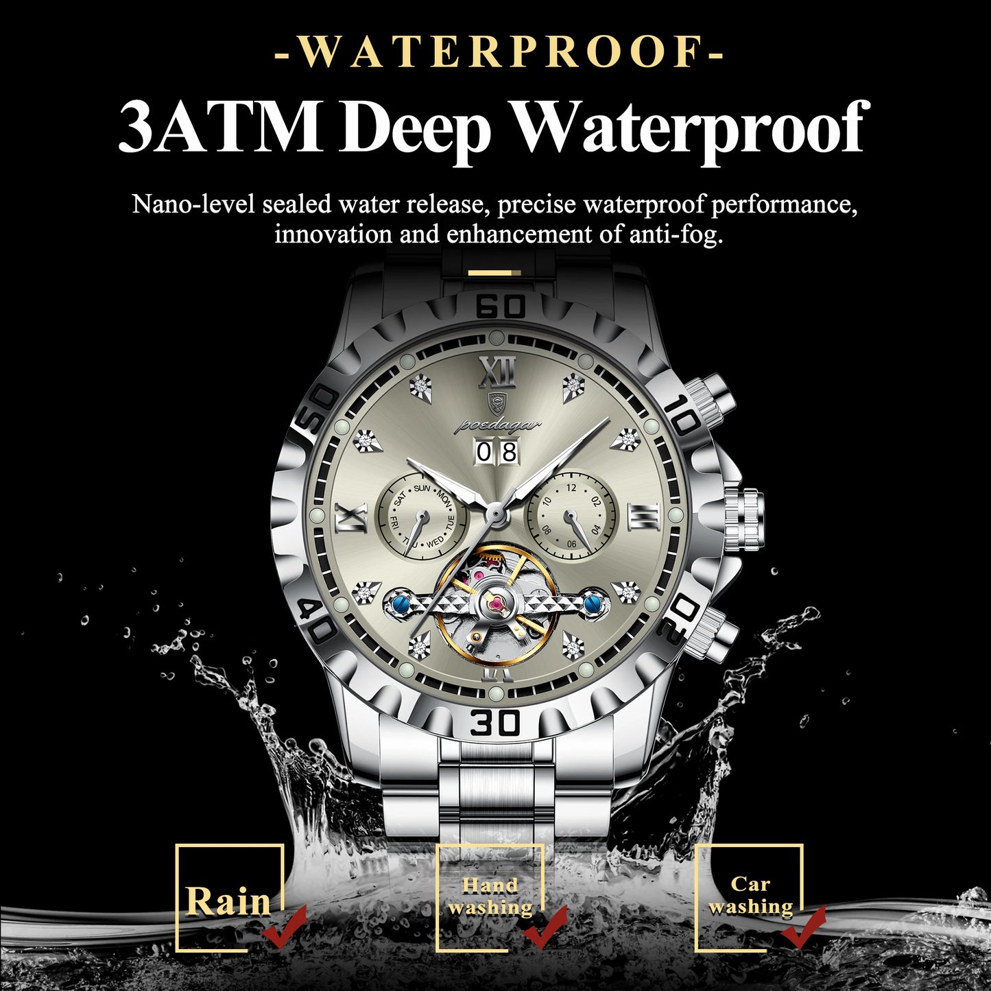 POEDAGAR Automatic Hollow Dial Men's Watch - Date Week Mechanical