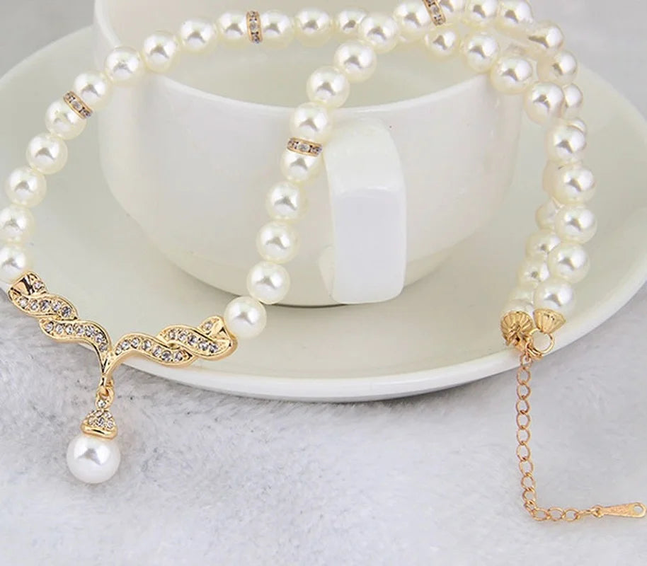 Bridal Pearl Necklace & Earrings Set - Gold Tone Wedding Jewelry