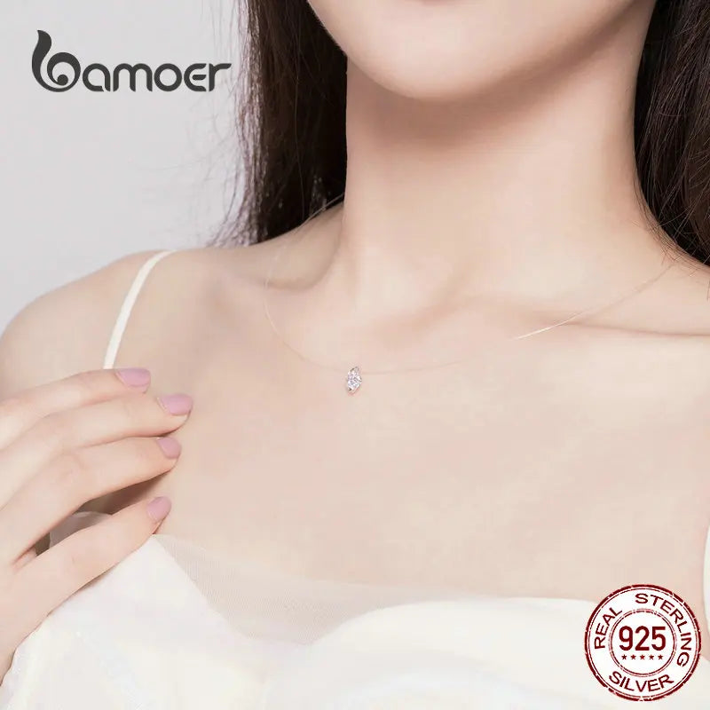 BAMOER Invisible Chain Rhinestone Choker - 925 Silver Minimalist Necklace